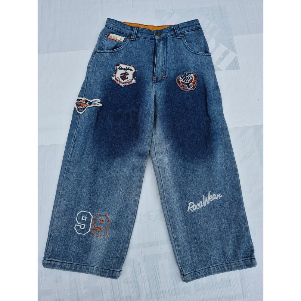 Rocawear Kids Embroidered Patch Relaxed Wide Leg Denim Jeans Blue Size 7